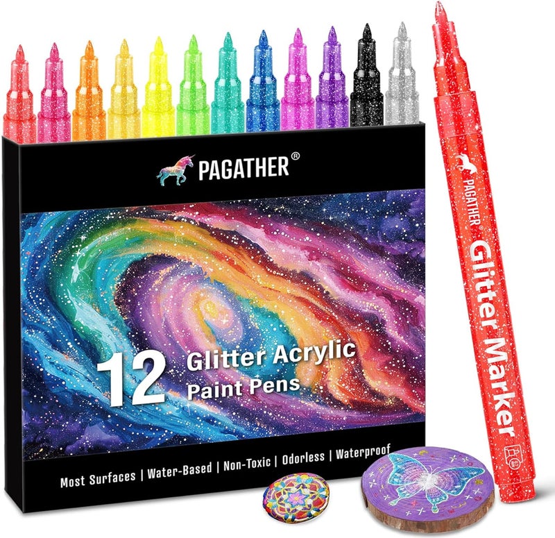 Pagather 12 Colors Glitter Markers, 0.7mm Extra Fine Tip Sparkling Acrylic Paint Pens for Crafts, Adult Coloring, and DIY Projects on Paper, Rock, Wood, Glass and Fabric - Image 1